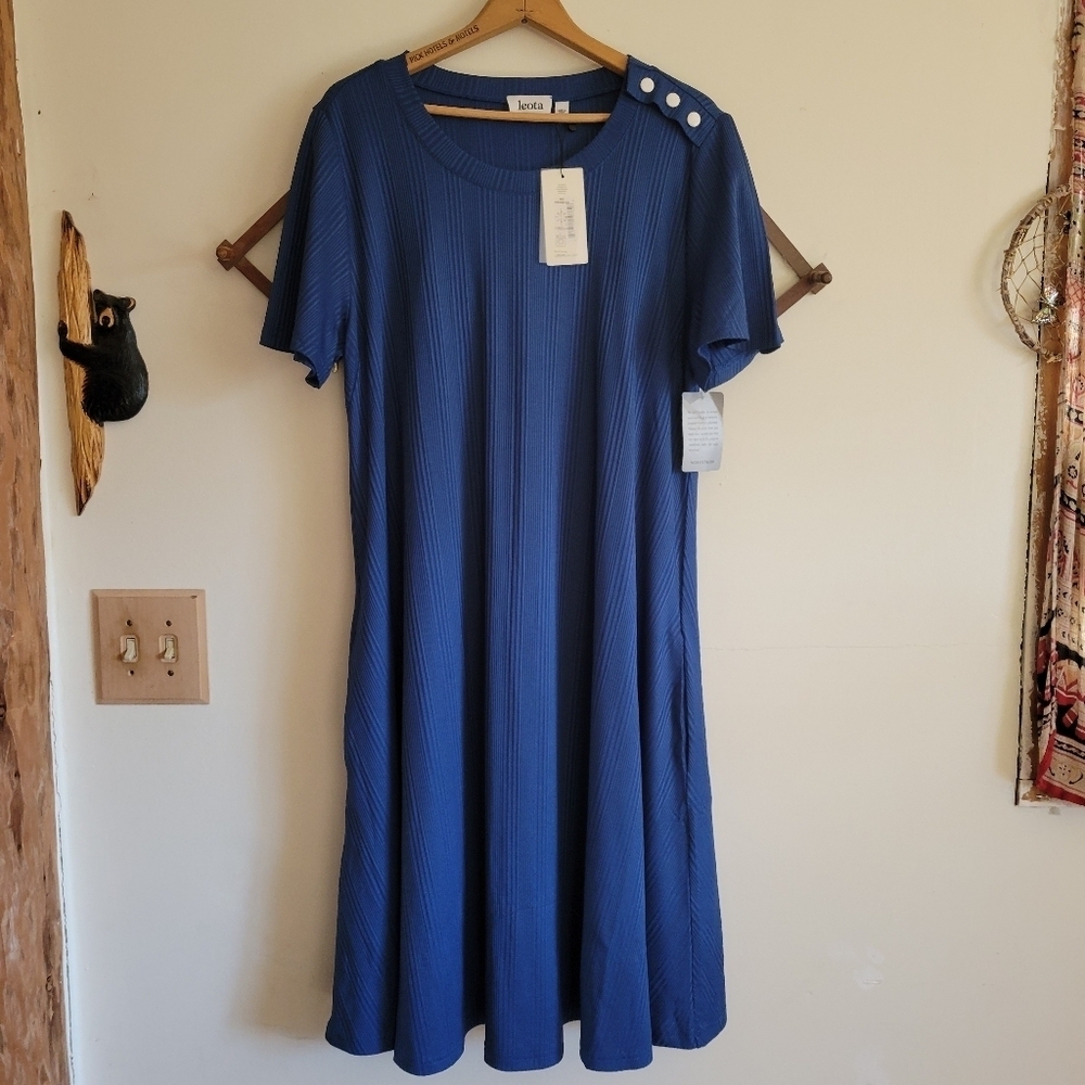 NWT Leota Maci Dress Rib Midi Short Sleeve Dress Blue 2X